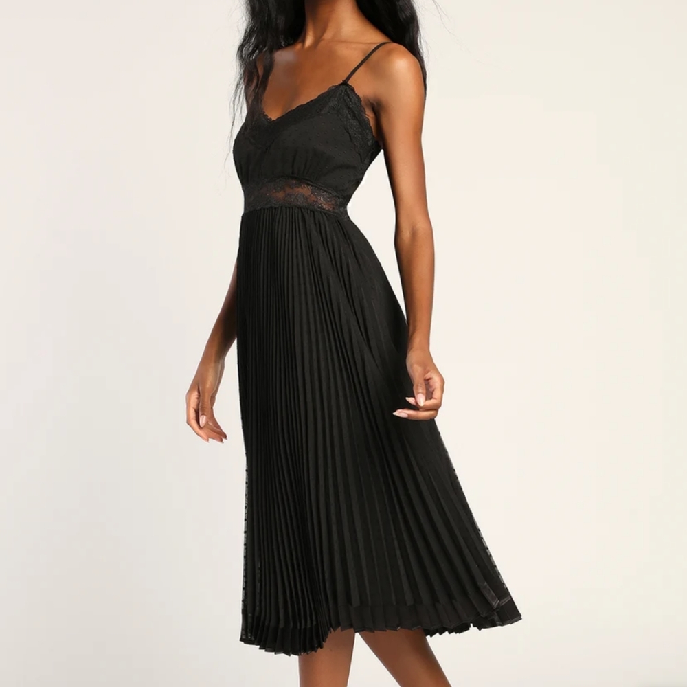 Dot Your Love Black Lace Pleated Midi Dress